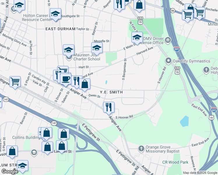 map of restaurants, bars, coffee shops, grocery stores, and more near in Durham