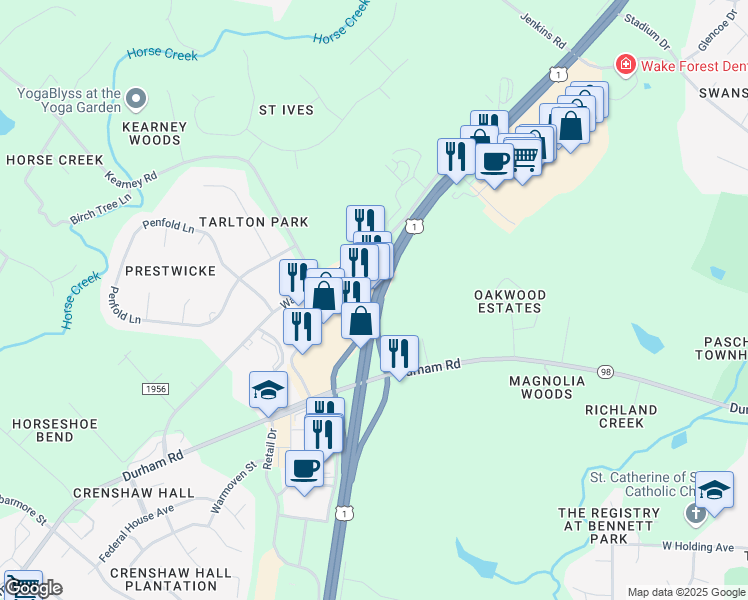 map of restaurants, bars, coffee shops, grocery stores, and more near 12295 Capital Boulevard in Wake Forest