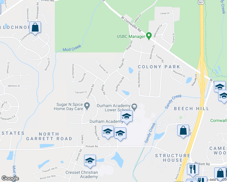 map of restaurants, bars, coffee shops, grocery stores, and more near 3310 Rolling Hill Road in Durham