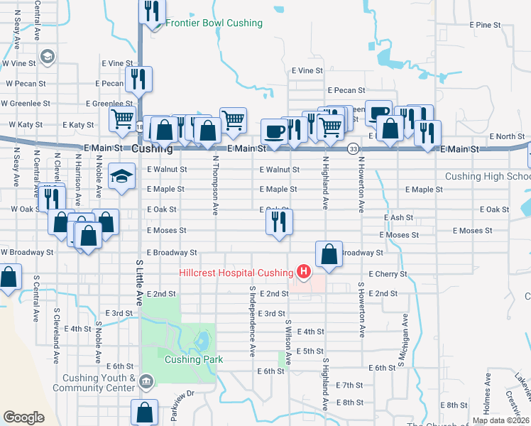 map of restaurants, bars, coffee shops, grocery stores, and more near 901 East Oak Street in Cushing