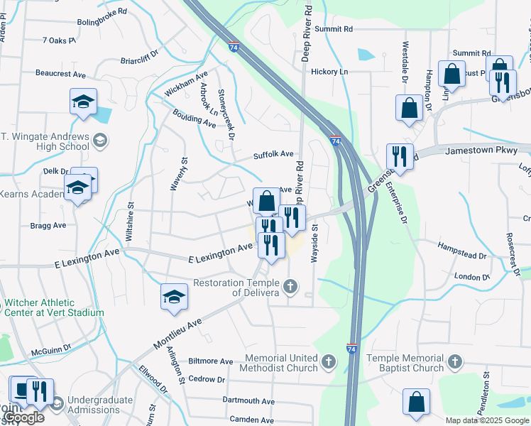 map of restaurants, bars, coffee shops, grocery stores, and more near 2607 Dallas Avenue in High Point
