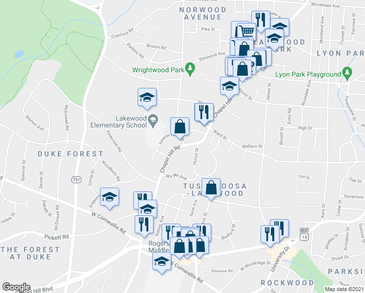 map of restaurants, bars, coffee shops, grocery stores, and more near 2501A Chapel Hill Road in Durham