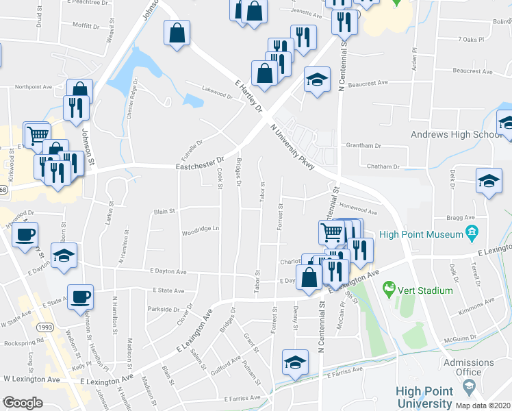 map of restaurants, bars, coffee shops, grocery stores, and more near 1123 Tabor Street in High Point