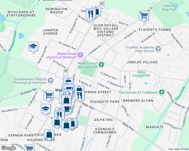 map of restaurants, bars, coffee shops, grocery stores, and more near 325 North Taylor Street in Wake Forest