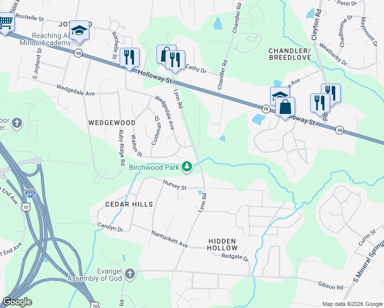 map of restaurants, bars, coffee shops, grocery stores, and more near 404 Lynn Road in Durham