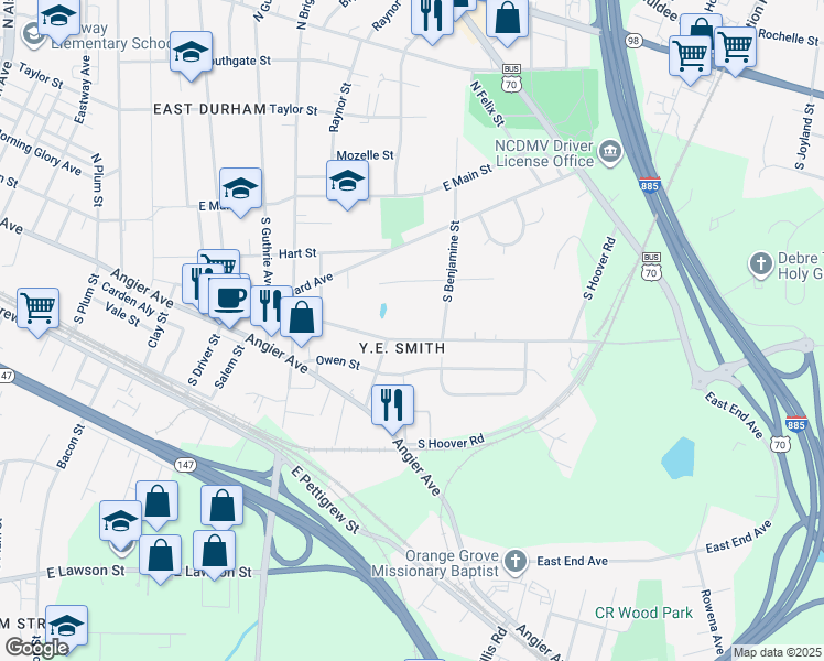 map of restaurants, bars, coffee shops, grocery stores, and more near 2615 Ashe Street in Durham