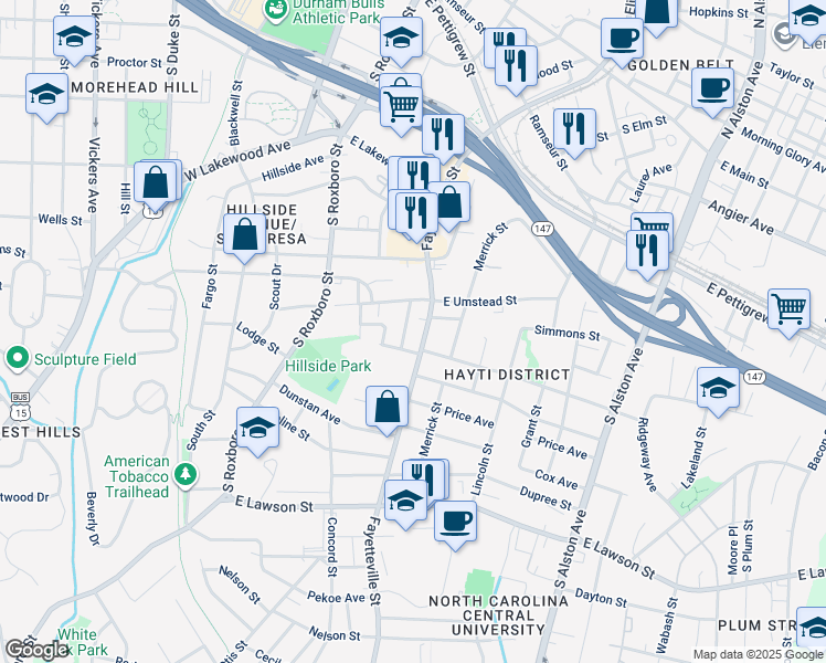 map of restaurants, bars, coffee shops, grocery stores, and more near 1214 Dawkins Street in Durham