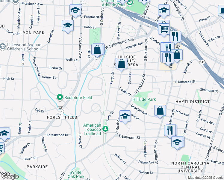 map of restaurants, bars, coffee shops, grocery stores, and more near 1201 Fargo Street in Durham