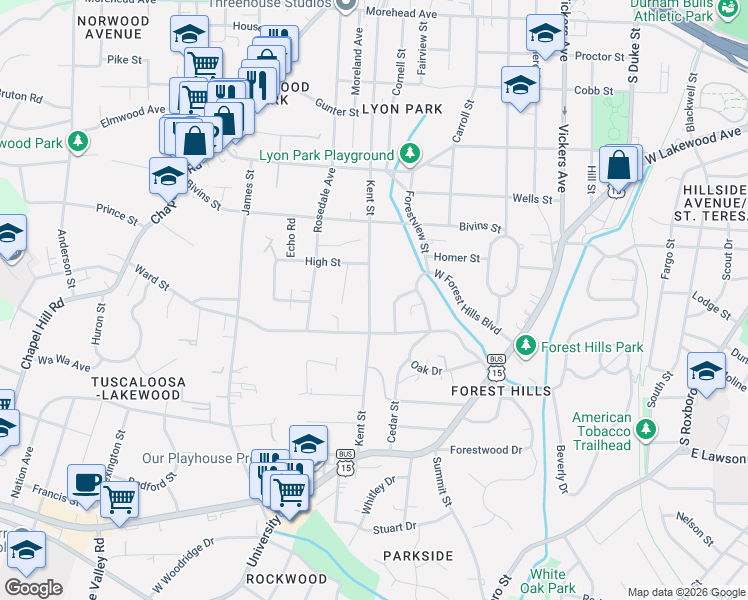 map of restaurants, bars, coffee shops, grocery stores, and more near 1044 Westwood Drive in Durham