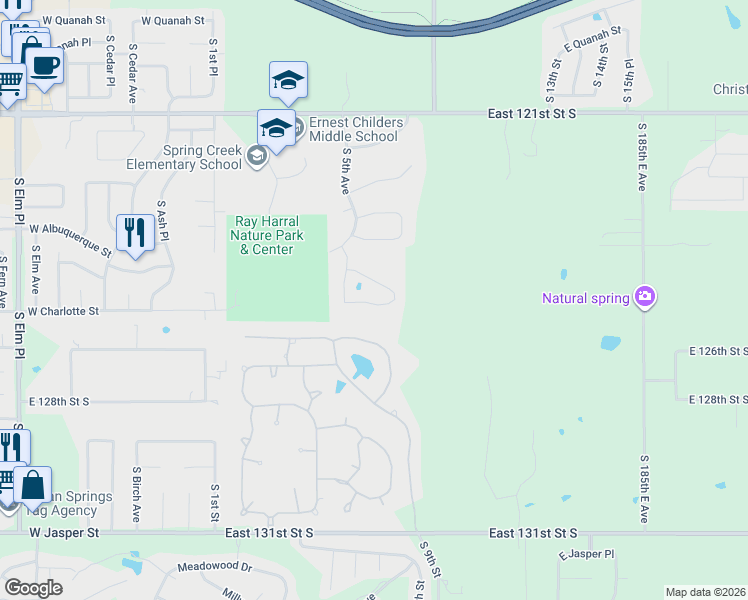 map of restaurants, bars, coffee shops, grocery stores, and more near 604 East Baton Rouge Street in Broken Arrow