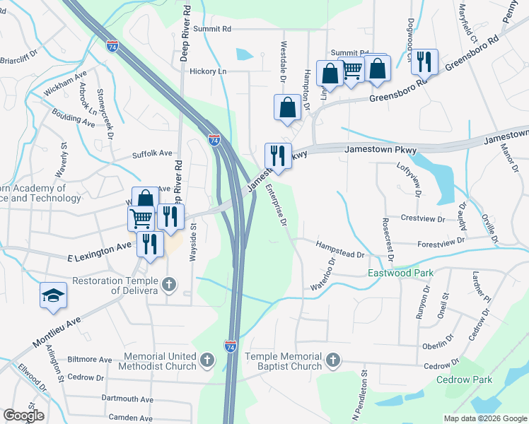 map of restaurants, bars, coffee shops, grocery stores, and more near 1215 Enterprise Drive in High Point