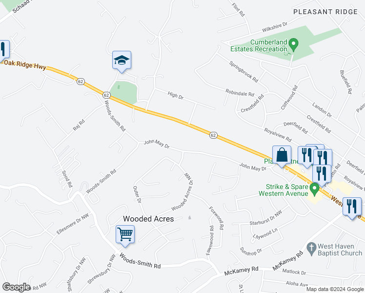 map of restaurants, bars, coffee shops, grocery stores, and more near 6219 John May Dr in Knoxville