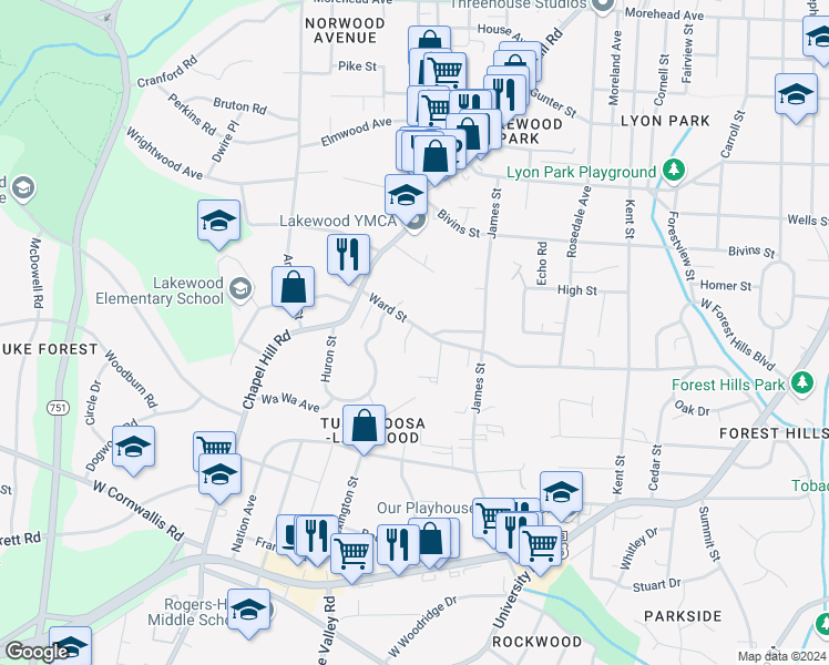 map of restaurants, bars, coffee shops, grocery stores, and more near 1929 Ward Street in Durham