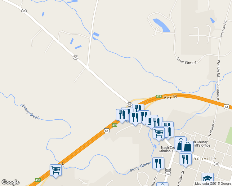 map of restaurants, bars, coffee shops, grocery stores, and more near North Carolina 58 in Nashville