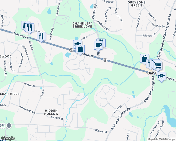 map of restaurants, bars, coffee shops, grocery stores, and more near 102 Harvest Oaks Lane in Durham