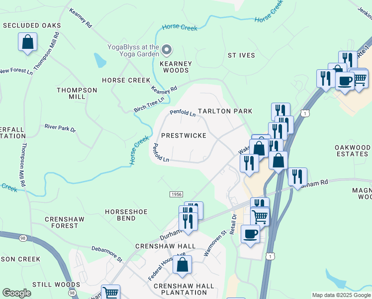 map of restaurants, bars, coffee shops, grocery stores, and more near 7209 Shepstone Place in Wake Forest