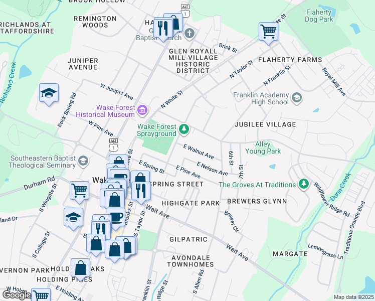map of restaurants, bars, coffee shops, grocery stores, and more near 426 East Walnut Avenue in Wake Forest