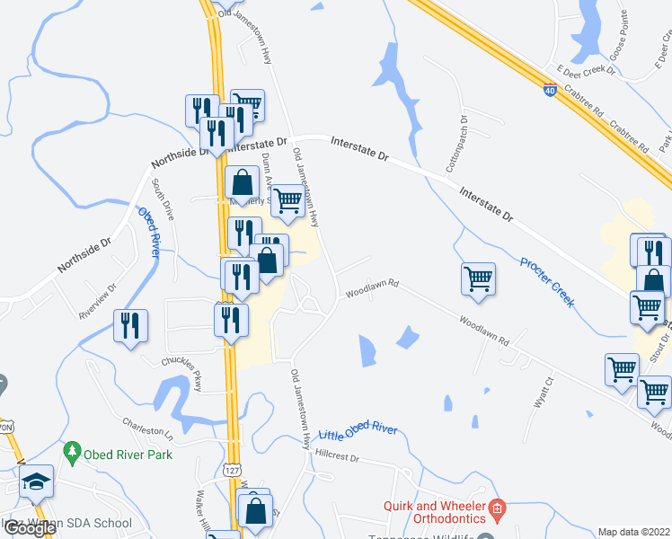 map of restaurants, bars, coffee shops, grocery stores, and more near 15 Five Oaks Drive in Crossville