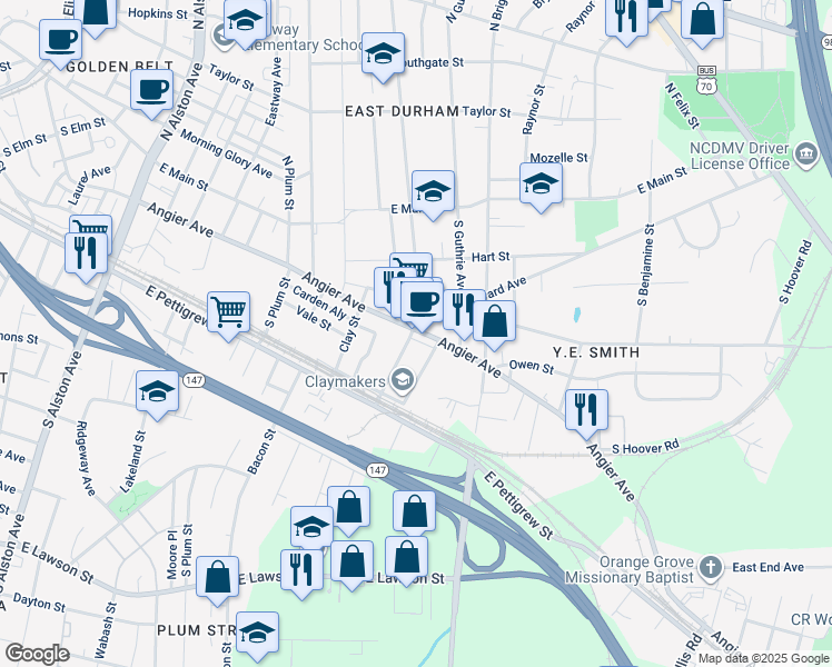 map of restaurants, bars, coffee shops, grocery stores, and more near 2100 Angier Avenue in Durham