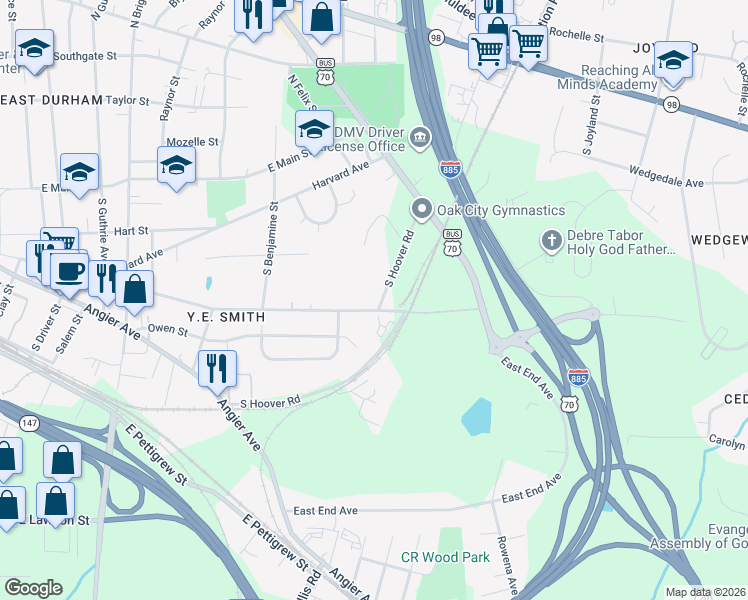 map of restaurants, bars, coffee shops, grocery stores, and more near 620 South Hoover Road in Durham