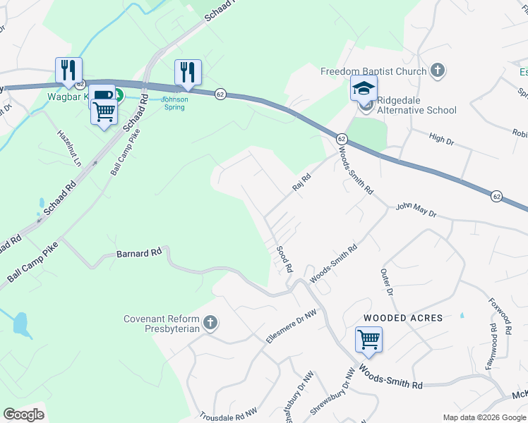 map of restaurants, bars, coffee shops, grocery stores, and more near 4417 Raj Road in Knoxville