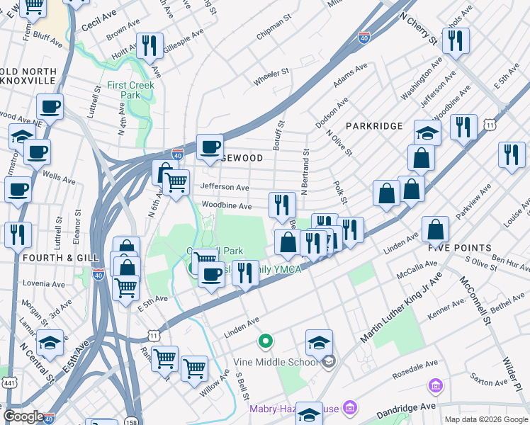 map of restaurants, bars, coffee shops, grocery stores, and more near 1718 Woodbine Avenue in Knoxville
