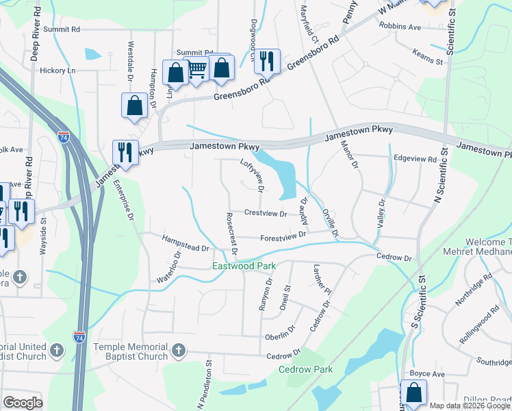 map of restaurants, bars, coffee shops, grocery stores, and more near 3209 Crestview Dr in High Point