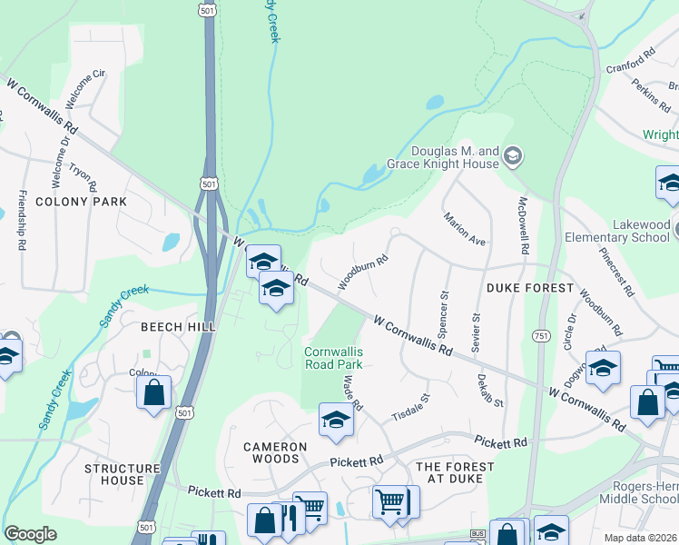 map of restaurants, bars, coffee shops, grocery stores, and more near 6 Scott Place in Durham