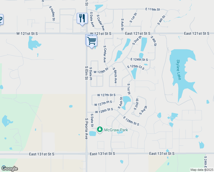 map of restaurants, bars, coffee shops, grocery stores, and more near 12530 South Cedar Avenue in Jenks