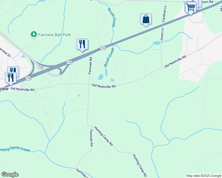 map of restaurants, bars, coffee shops, grocery stores, and more near 7426 Old Nashville Road in Fairview