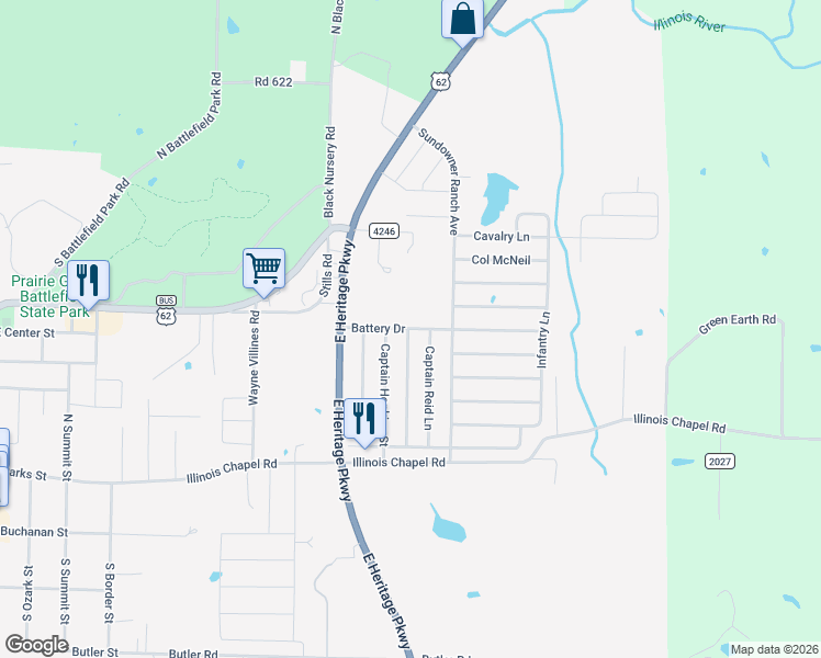map of restaurants, bars, coffee shops, grocery stores, and more near 1100 Battery Drive in Prairie Grove