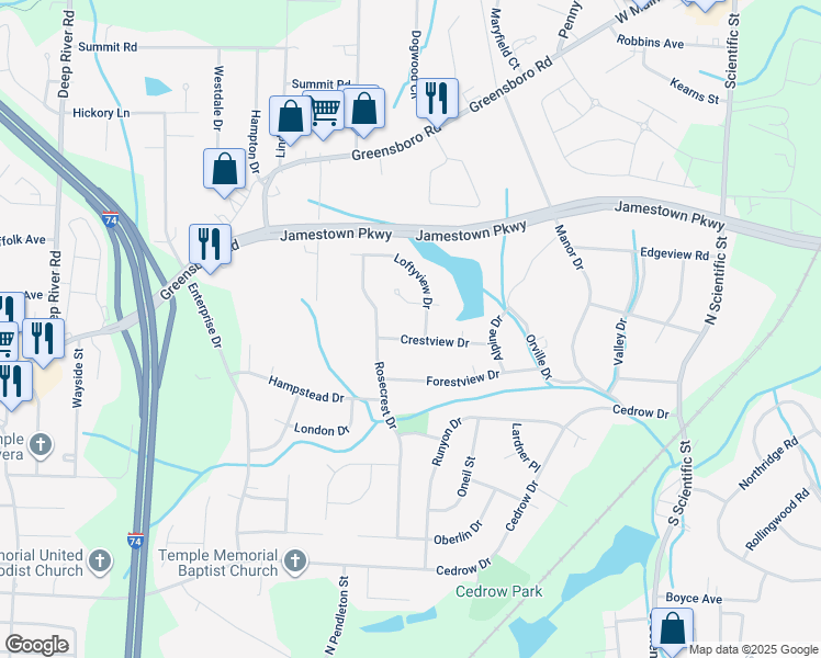 map of restaurants, bars, coffee shops, grocery stores, and more near 3207 Crestview Drive in High Point