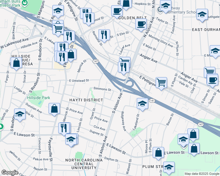 map of restaurants, bars, coffee shops, grocery stores, and more near 1009 Simmons Street in Durham