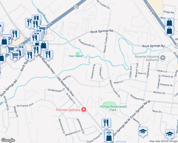 map of restaurants, bars, coffee shops, grocery stores, and more near 308 Vernon Traylor Drive in Smyrna