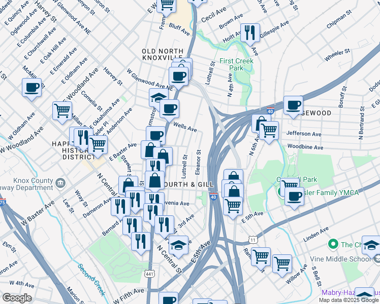 map of restaurants, bars, coffee shops, grocery stores, and more near 1026 Luttrell Street in Knoxville