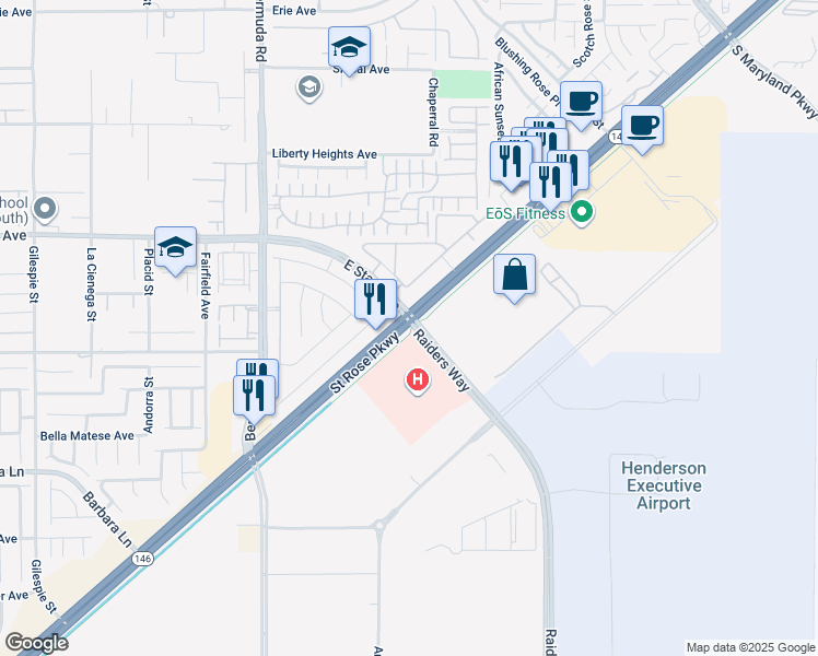 map of restaurants, bars, coffee shops, grocery stores, and more near 500 Raiders Way in Henderson