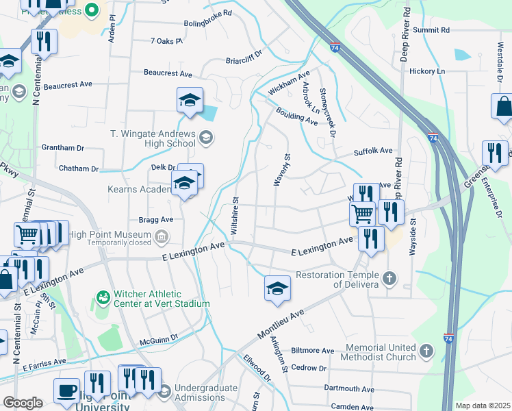 map of restaurants, bars, coffee shops, grocery stores, and more near 1598 Carolina Street in High Point