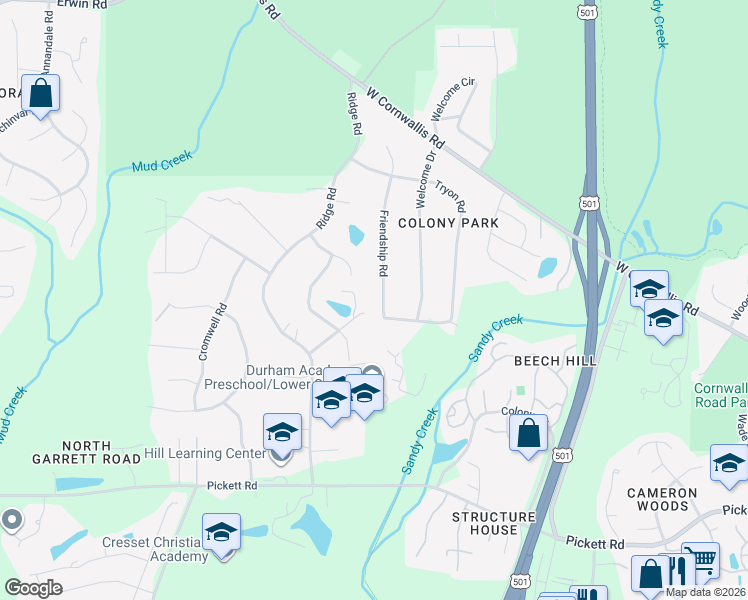 map of restaurants, bars, coffee shops, grocery stores, and more near 2960 Friendship Road in Durham
