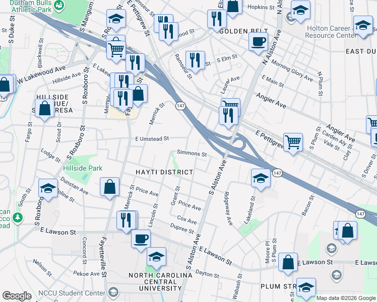 map of restaurants, bars, coffee shops, grocery stores, and more near 715 Grant Street in Durham