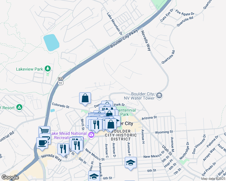map of restaurants, bars, coffee shops, grocery stores, and more near 3 Linda Ln in Boulder City