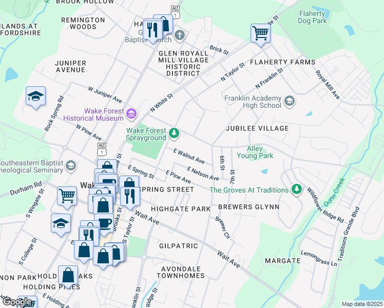 map of restaurants, bars, coffee shops, grocery stores, and more near 513 East Walnut Avenue in Wake Forest