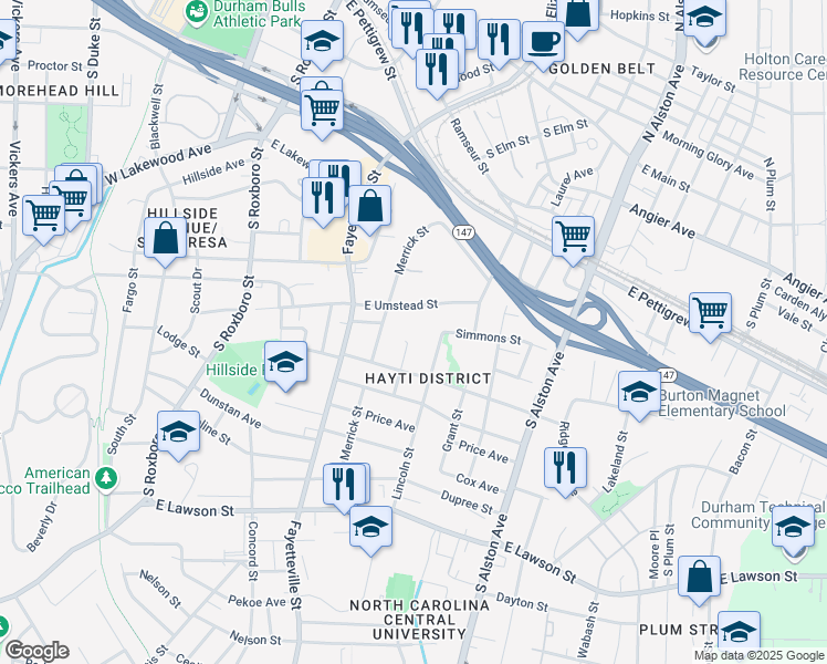 map of restaurants, bars, coffee shops, grocery stores, and more near 1200 Spaulding Street in Durham