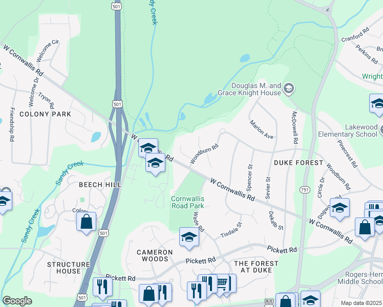 map of restaurants, bars, coffee shops, grocery stores, and more near 6 Scott Place in Durham