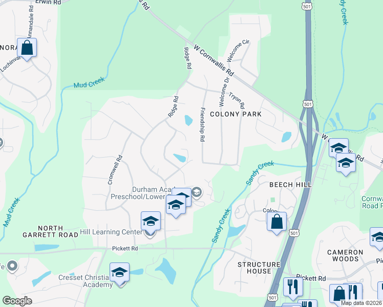 map of restaurants, bars, coffee shops, grocery stores, and more near 2960 Friendship Road in Durham