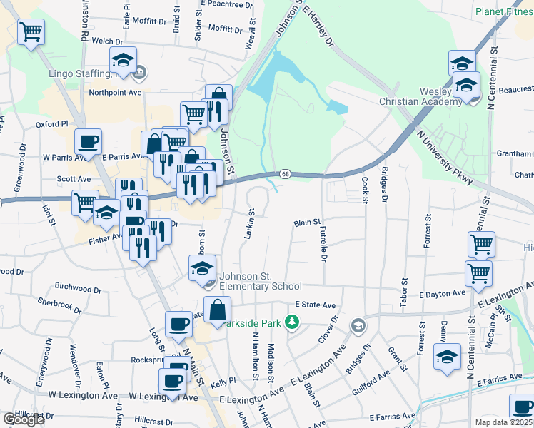 map of restaurants, bars, coffee shops, grocery stores, and more near 1700 North Hamilton Street in High Point