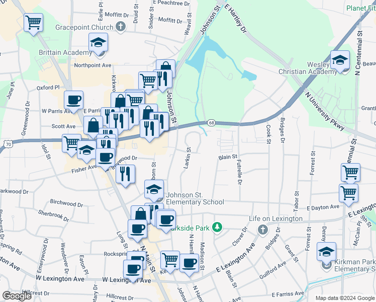 map of restaurants, bars, coffee shops, grocery stores, and more near 1700 North Hamilton Street in High Point