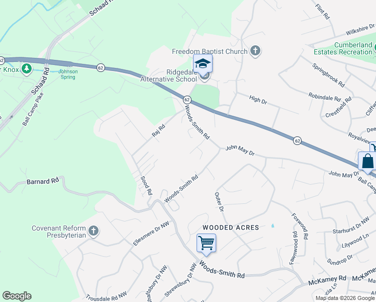 map of restaurants, bars, coffee shops, grocery stores, and more near 2601 Tekoa Street in Knoxville