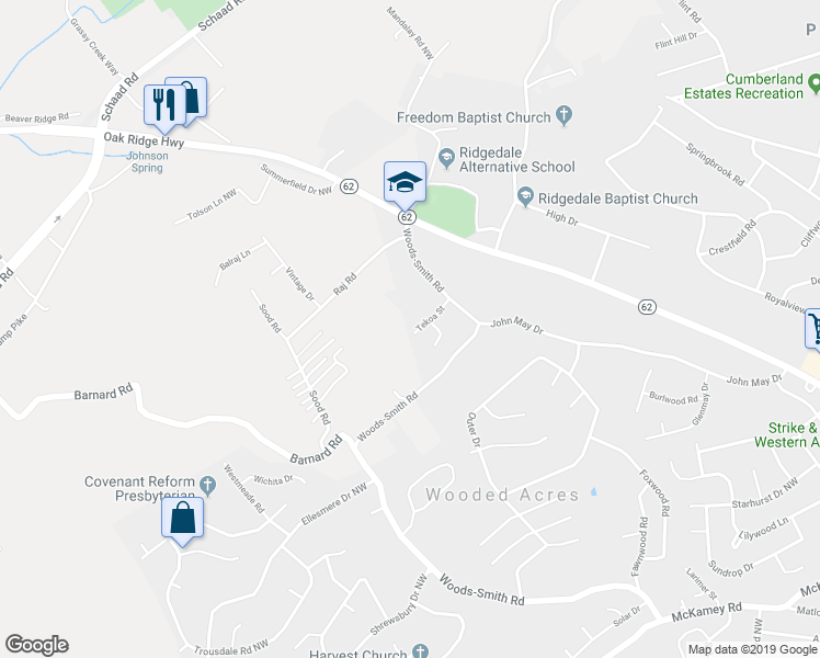 map of restaurants, bars, coffee shops, grocery stores, and more near 2601 Tekoa Street in Knoxville