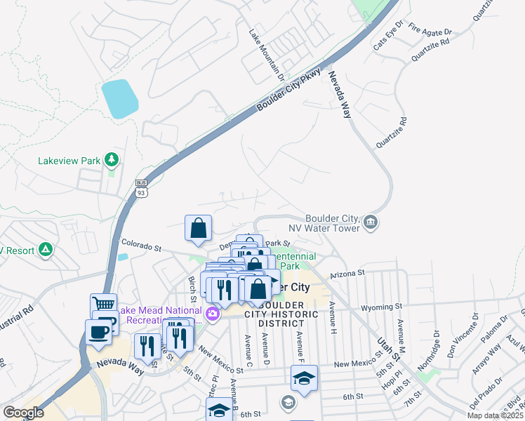 map of restaurants, bars, coffee shops, grocery stores, and more near 3 Linda Lane in Boulder City
