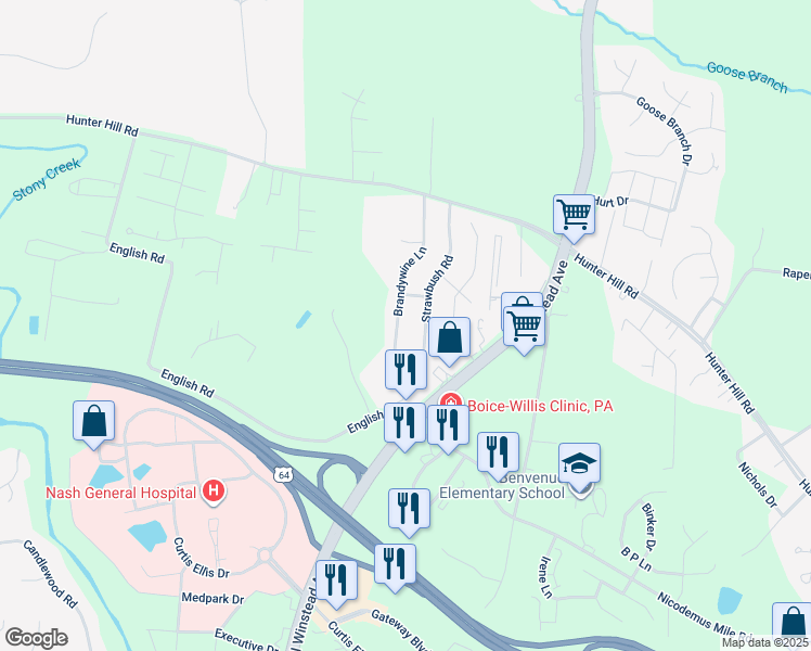map of restaurants, bars, coffee shops, grocery stores, and more near 921 Brandywine Lane in Rocky Mount